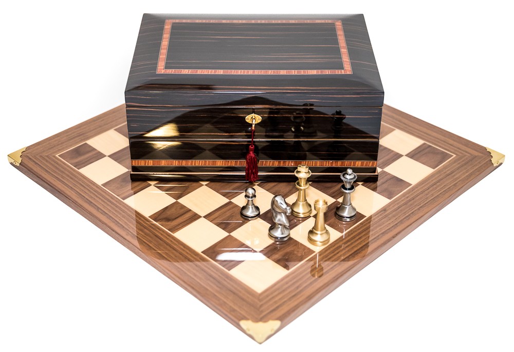 Brass Staunton Chessmen & Master Board with Milano Chess Storage Box